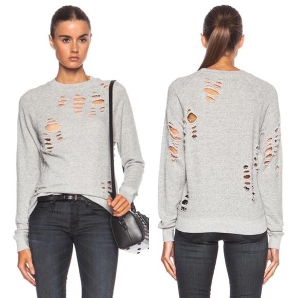 R13 Tops - R13 Shredded Zip Side Cotton Sweatshirt Gray